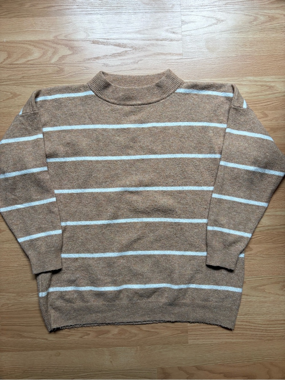 A New Day Beige Oversized Crewneck Sweater with White Stripes